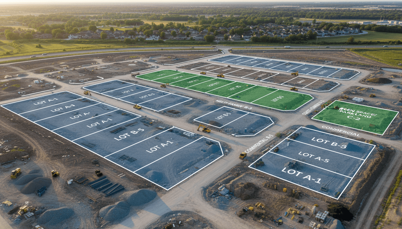 Aerial view of property development site showing land parcels and zoning areas