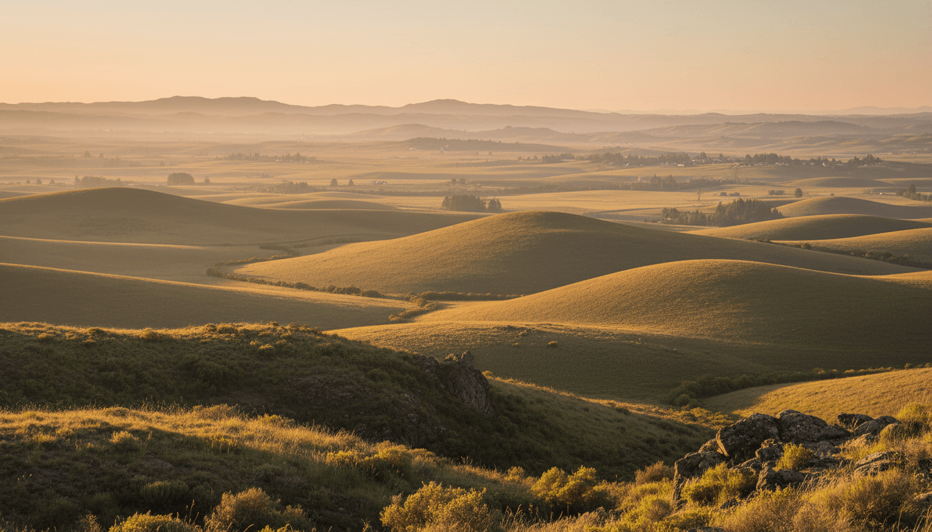 Oregon landscape with rolling hills and scattered development during golden hour