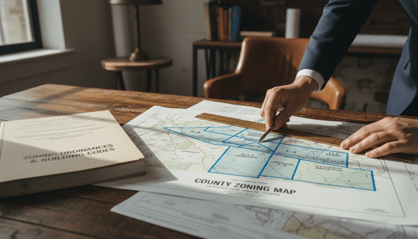 Zoning code documents and property maps on desk