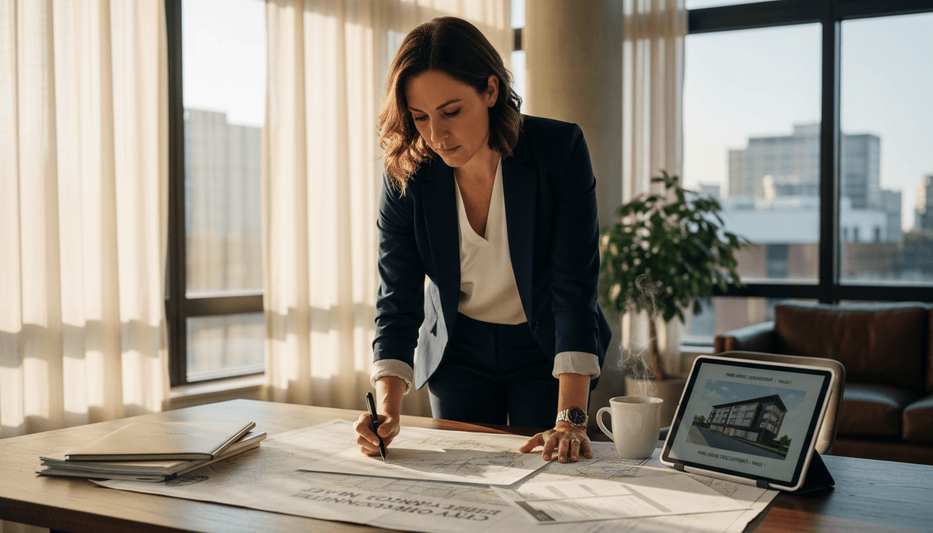Professional woman reviewing land use documents and zoning maps at desk