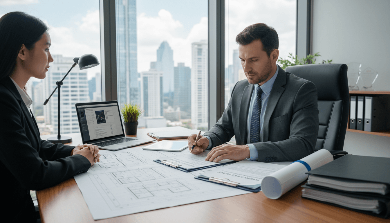 Attorney reviewing land use documents and property blueprints at office desk