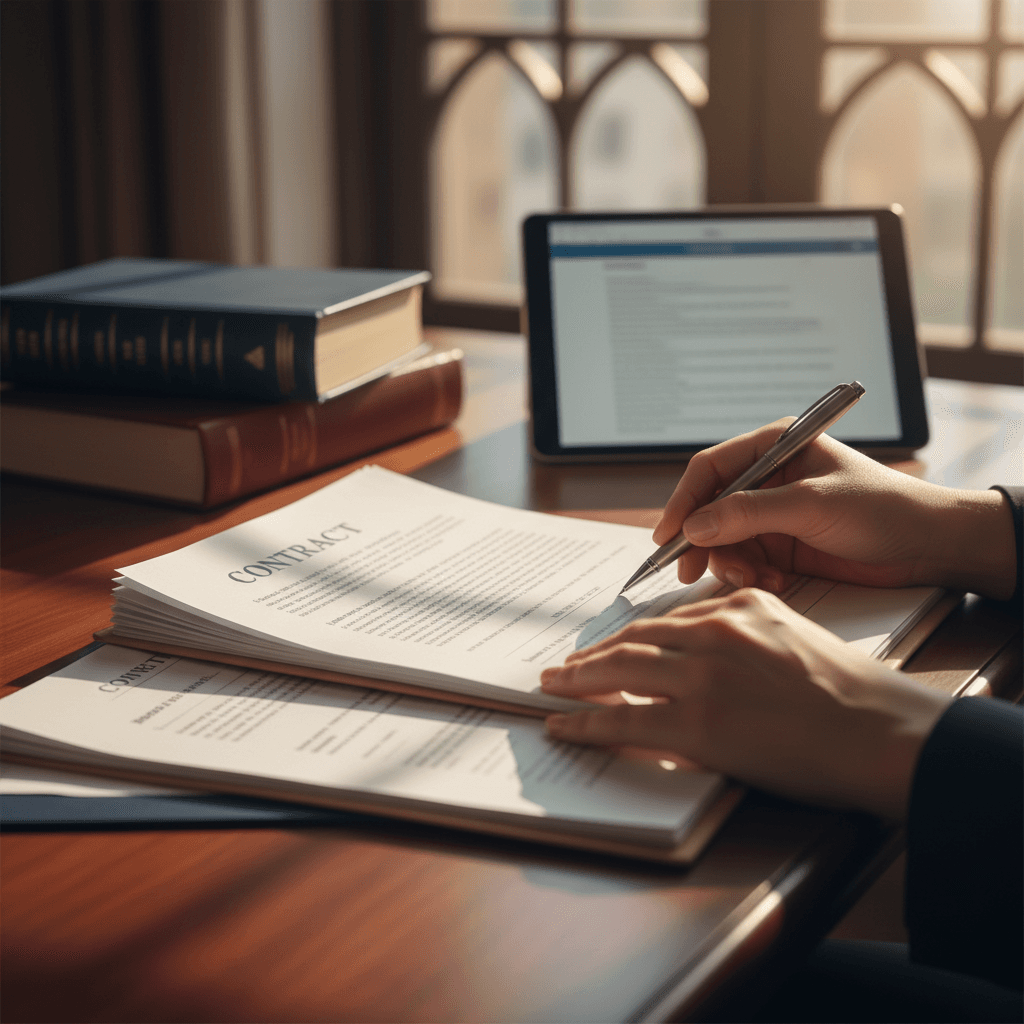Attorney's hands reviewing and annotating legal documents on wooden desk with law books and tablet nearby