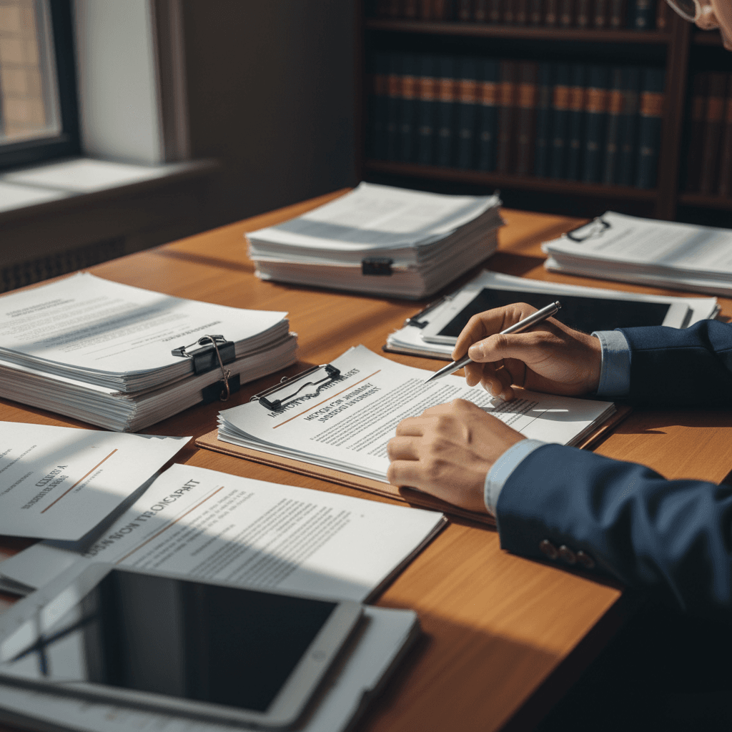 Attorney's hands carefully reviewing legal documents and case files on a wooden desk in a sunlit office