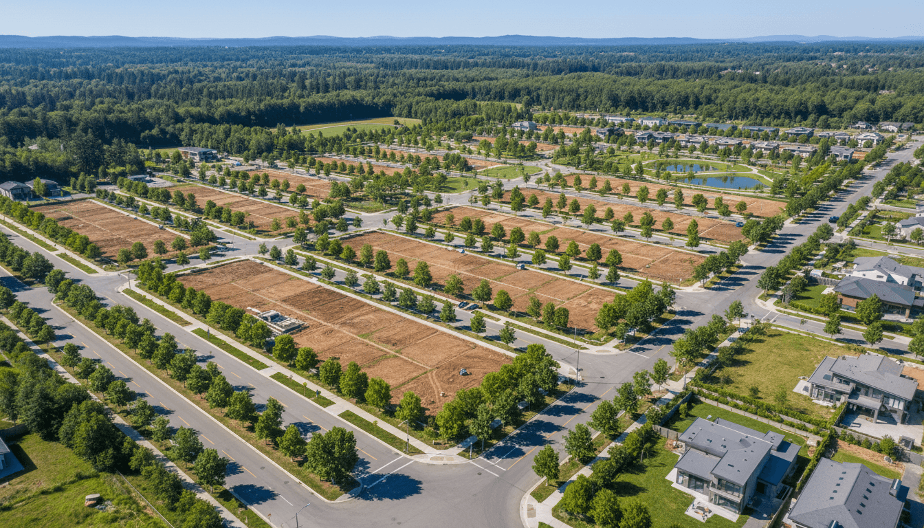 Aerial view of organized residential plots in planned community with tree-lined streets and green spaces