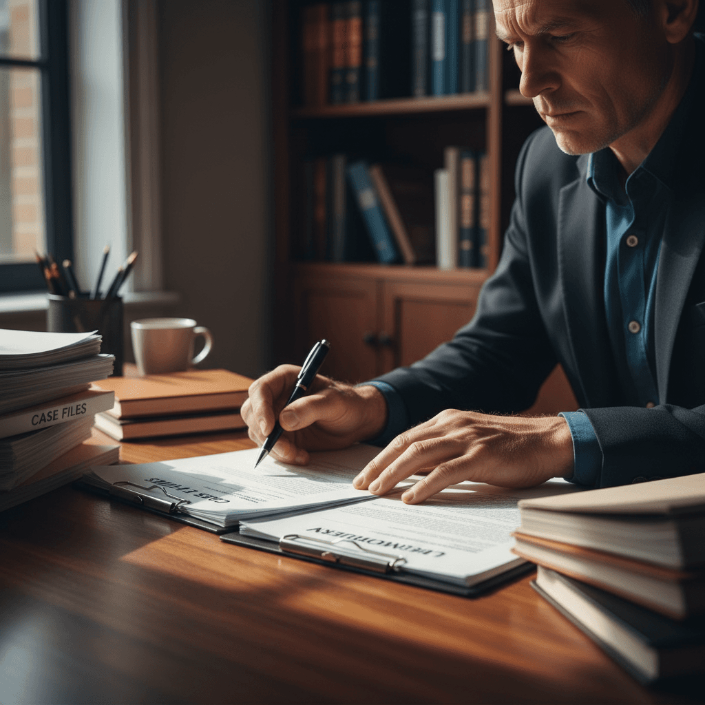 Attorney's hands carefully reviewing legal documents and case files at a wooden law office desk